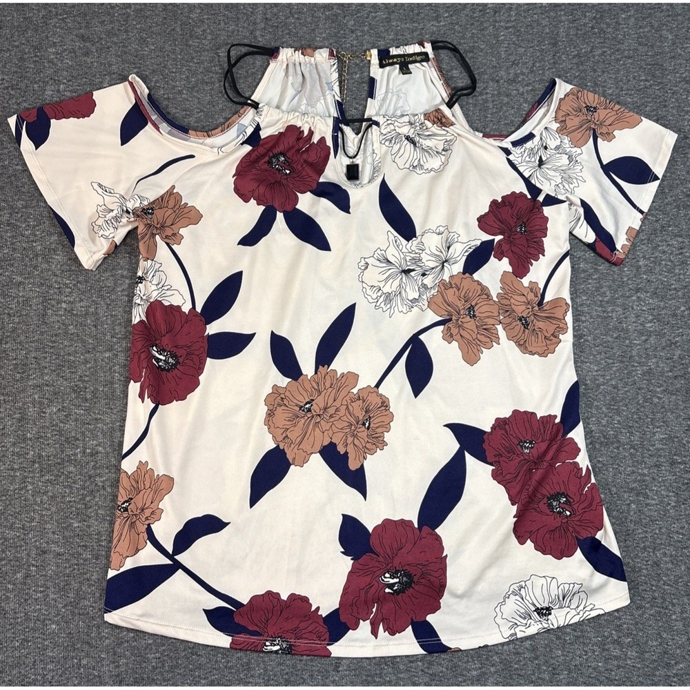 Always Indigo Women's Large Cream Floral Cold Shoulder Short Sleeve Blouse Top